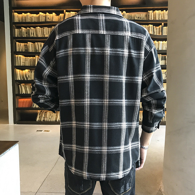 Casual Men's Shirt Long Sleeve Shirt Black Plaid Top Shirt