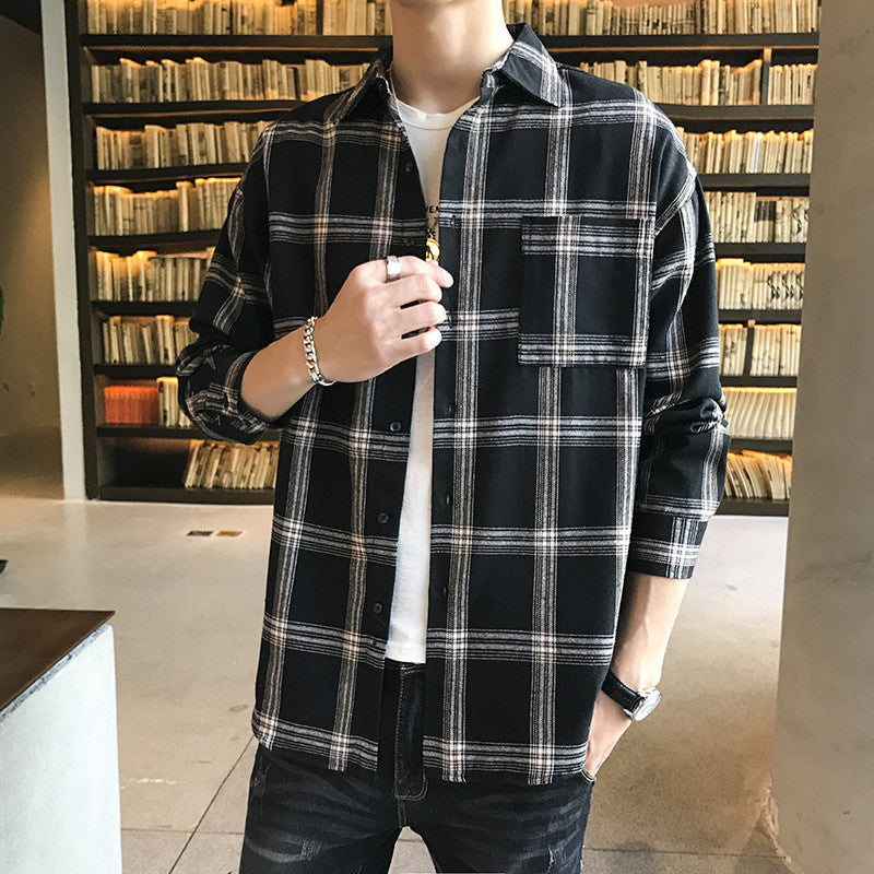 Casual Men's Shirt Long Sleeve Shirt Black Plaid Top Shirt