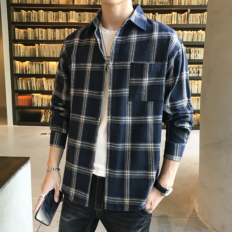 Casual Men's Shirt Long Sleeve Shirt Black Plaid Top Shirt
