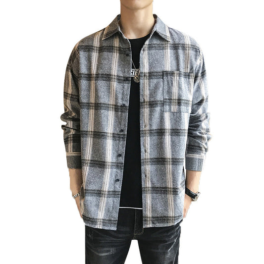 Casual Men's Shirt Long Sleeve Shirt Black Plaid Top Shirt
