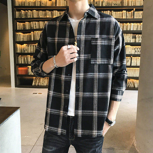 Casual Men's Shirt Long Sleeve Shirt Black Plaid Top Shirt